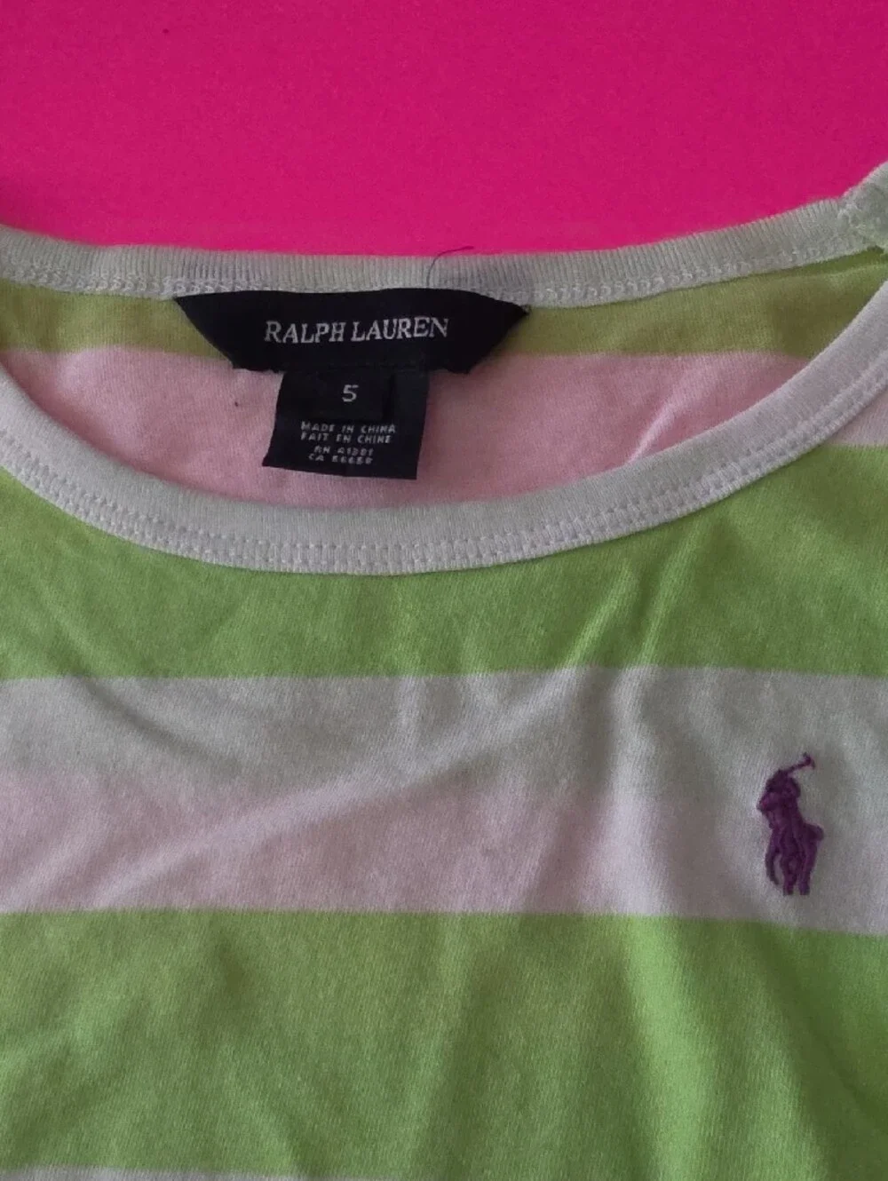 Ralph Lauren Lime Green and White Striped Girls Tee with Purple Pony